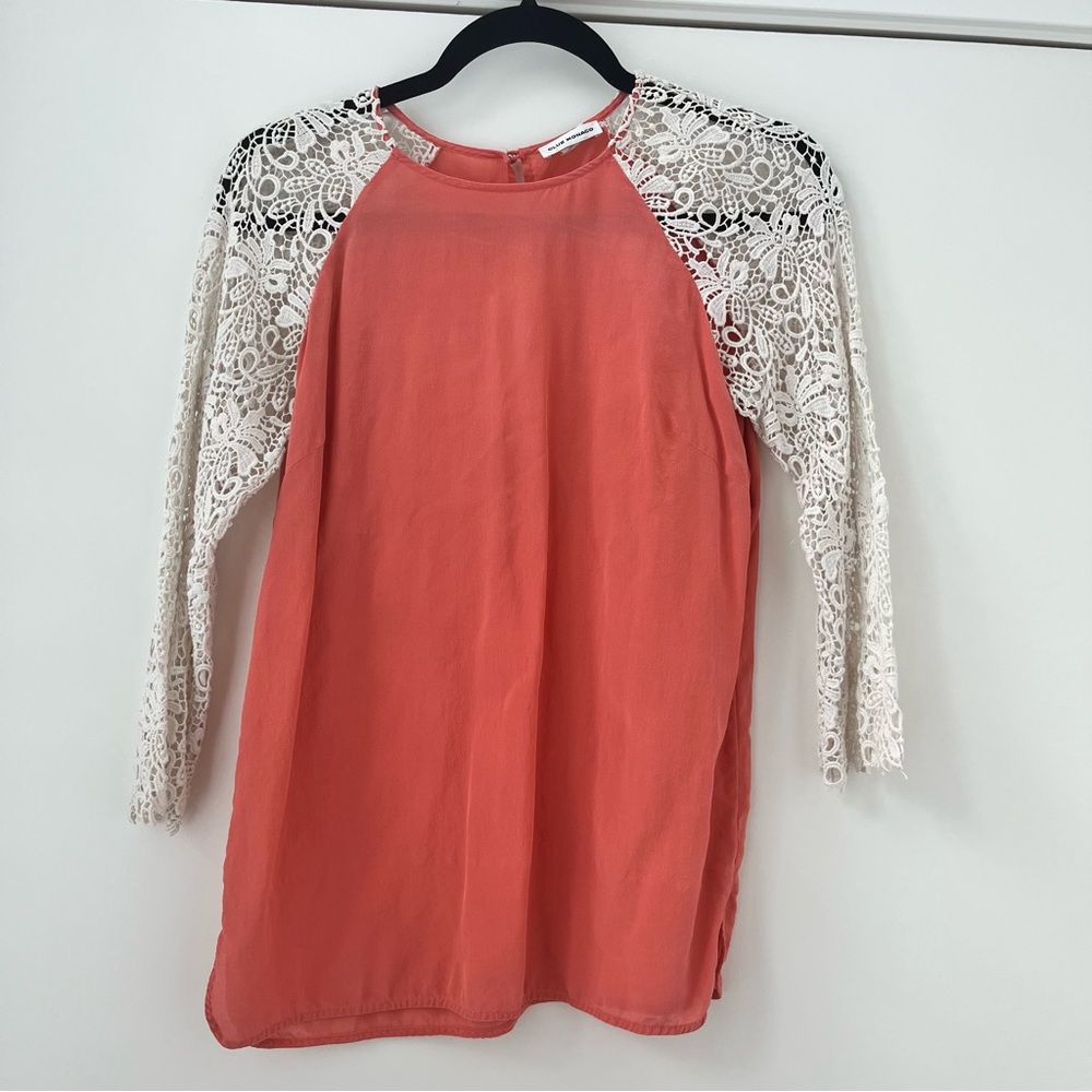 Club Monaco orange peach white lace silk top S